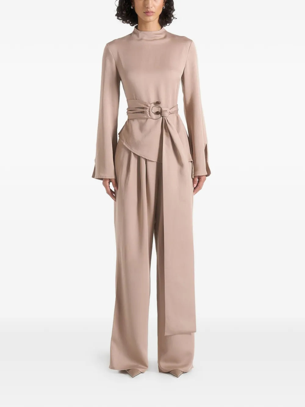 Women's Beige Leather Jumpsuit - Front