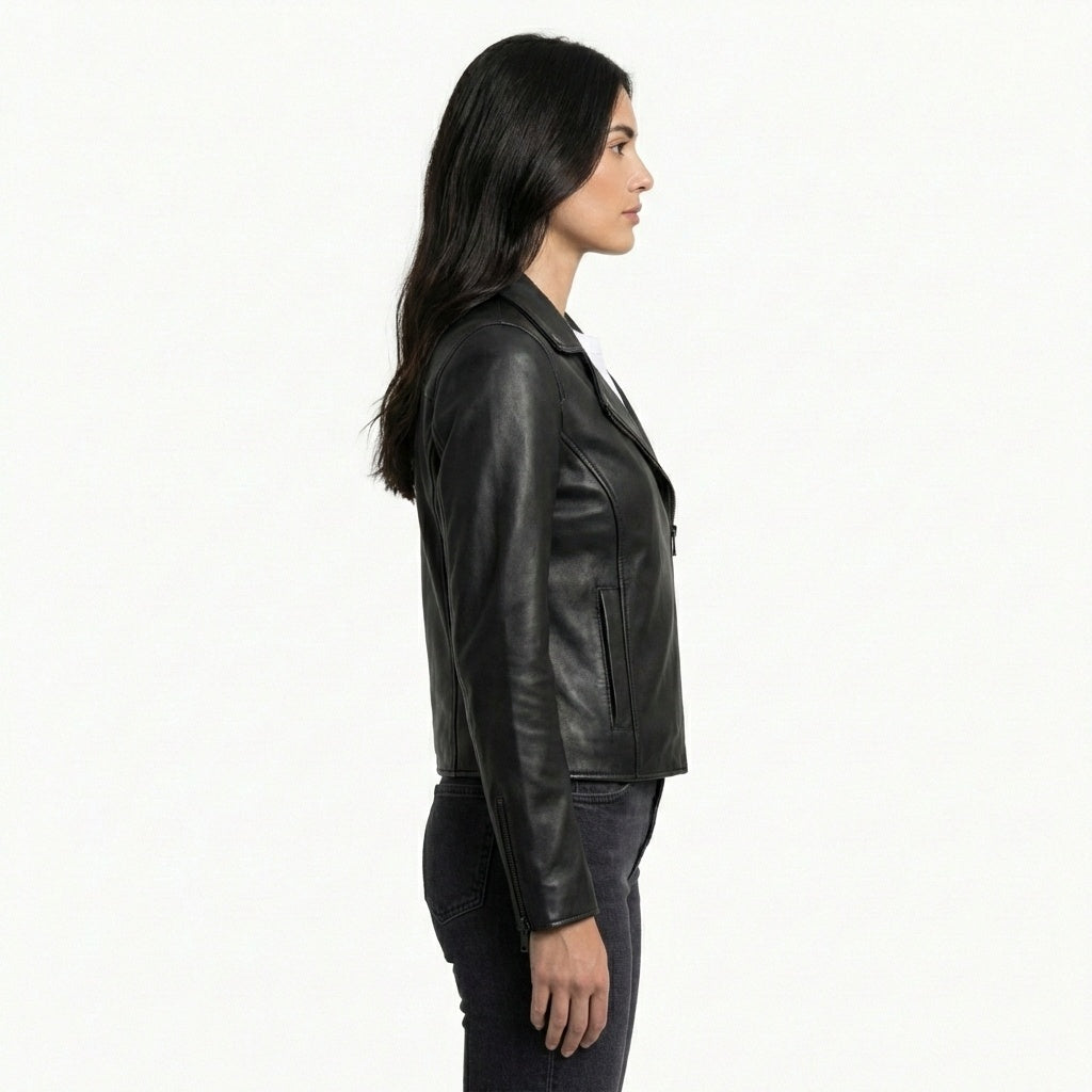 Women's Black Leather Jacket - Back