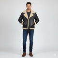 Men's Black Shearling Collar Leather Jacket - Front