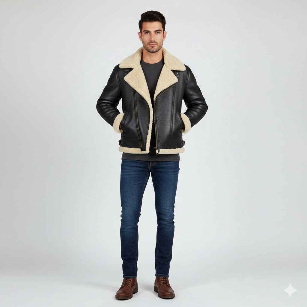 Men's Black Shearling Collar Leather Jacket - Front
