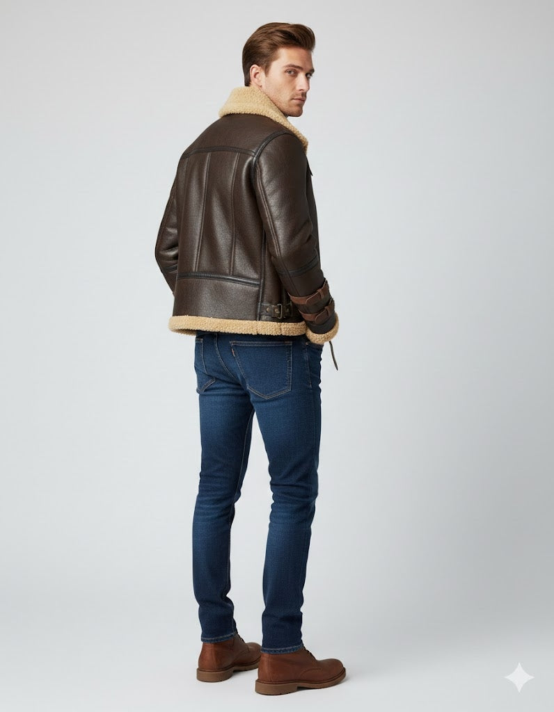 Men's Bomber Flying Aviator Leather Jacket - Back
