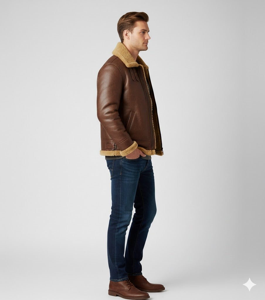 Brown Leather Shearling Jacket - Back
