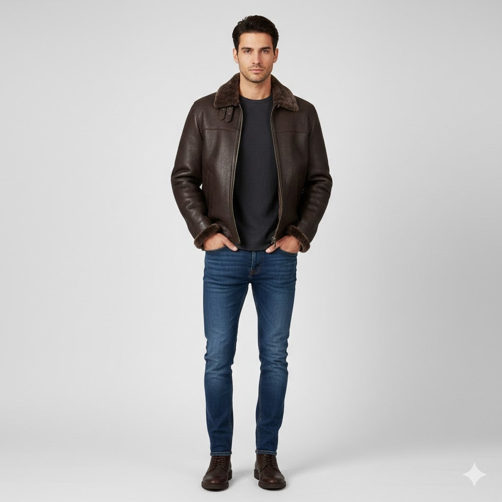 Men's Brown Shearling Bomber Leather Jacket - Front