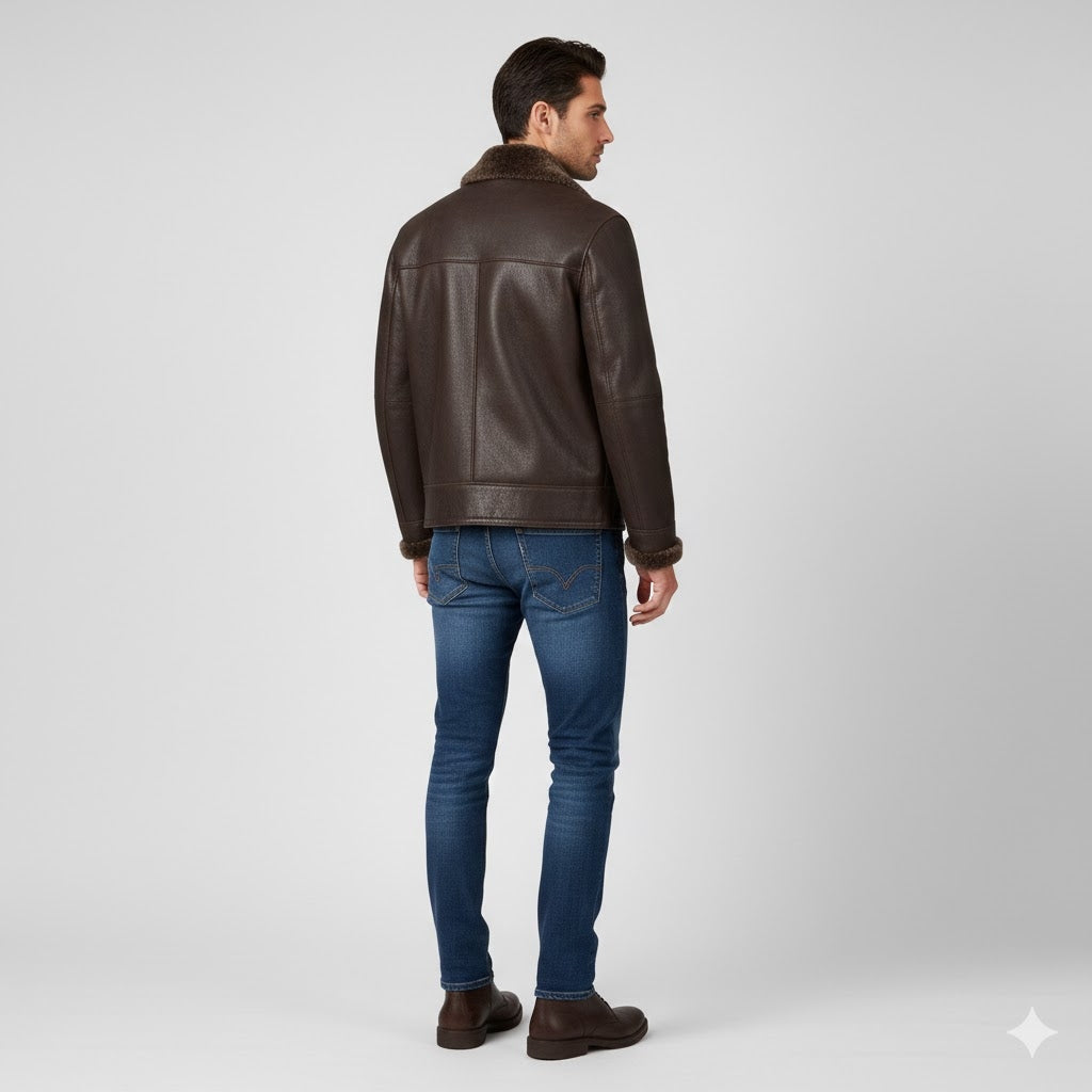 Men's Brown Shearling Bomber Leather Jacket - Left