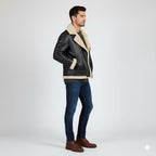 Men's Black Shearling Collar Leather Jacket - Back