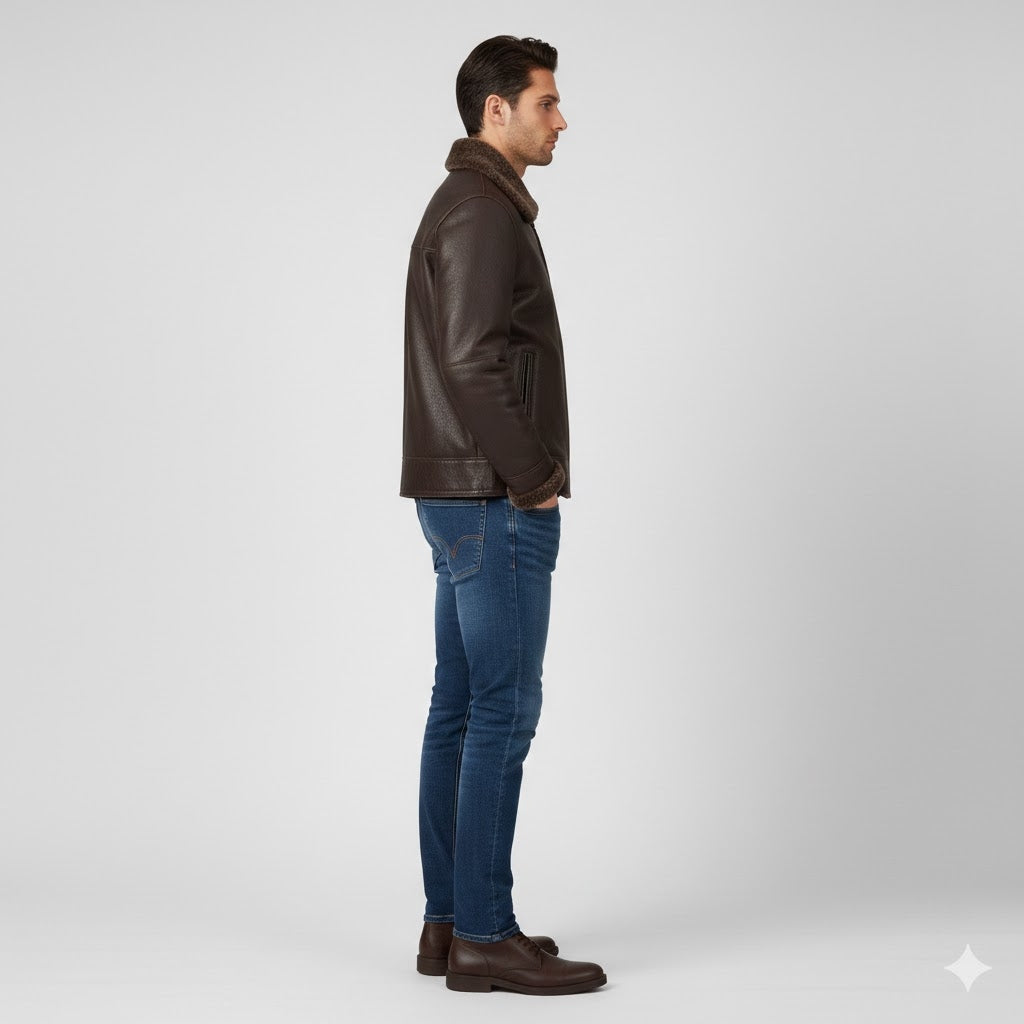 Men's Brown Shearling Bomber Leather Jacket - Back
