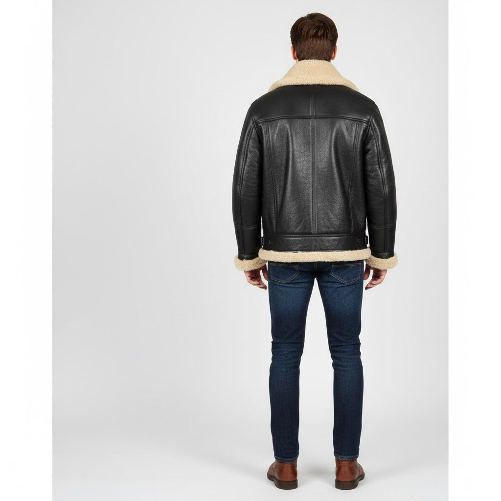 Men's Black Shearling Collar Leather Jacket - Left