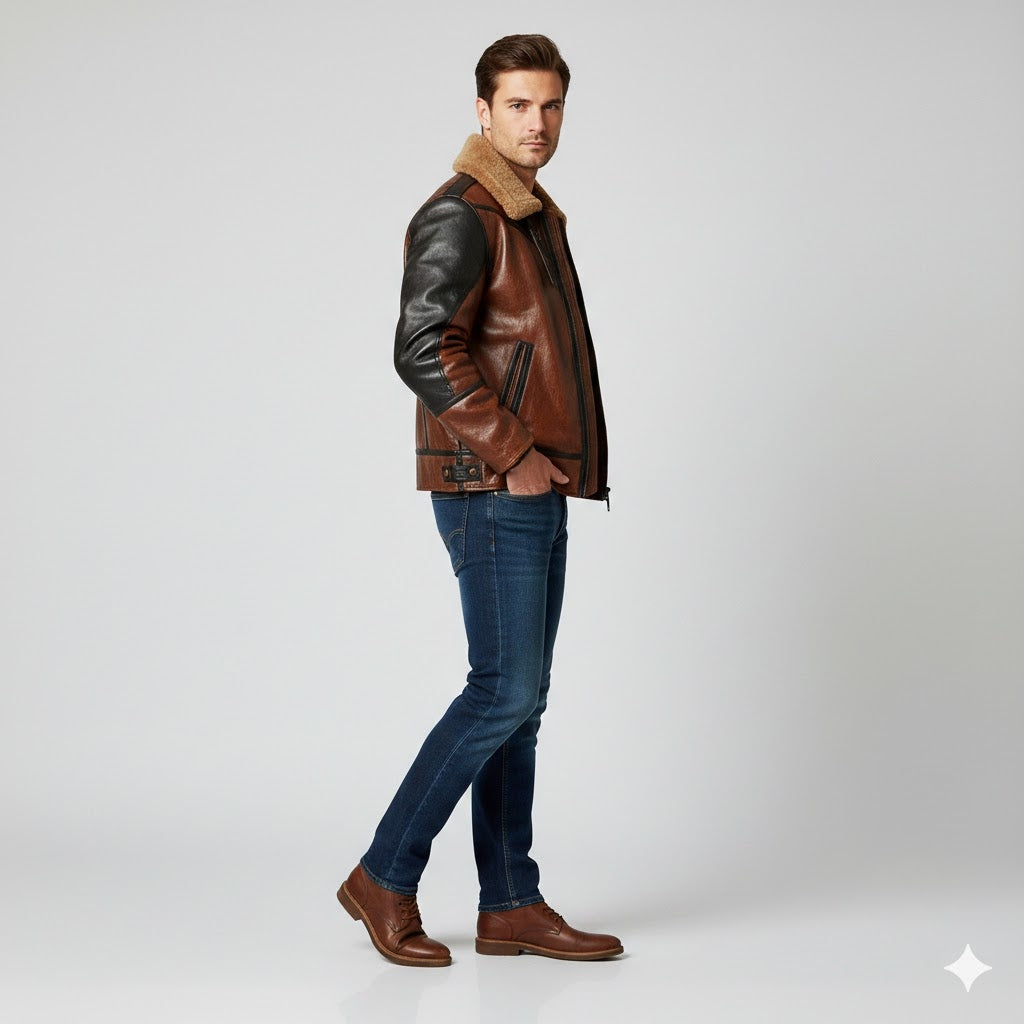 Men's B3 Shearling Aviator Distressed Jacket - Left