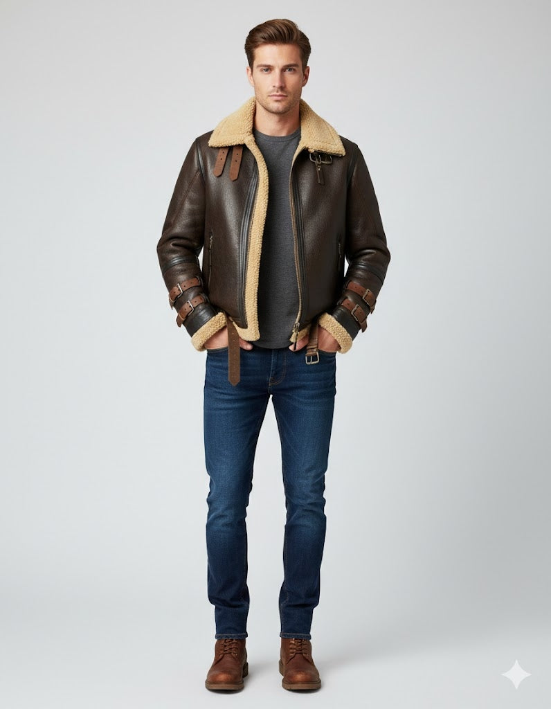 Men's Bomber Flying Aviator Leather Jacket - Front