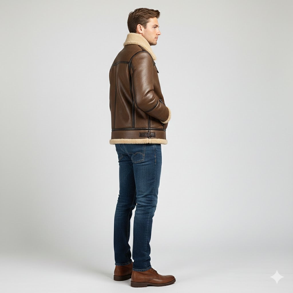 Brown PU Leather Jacket with Shearling Collar - Back