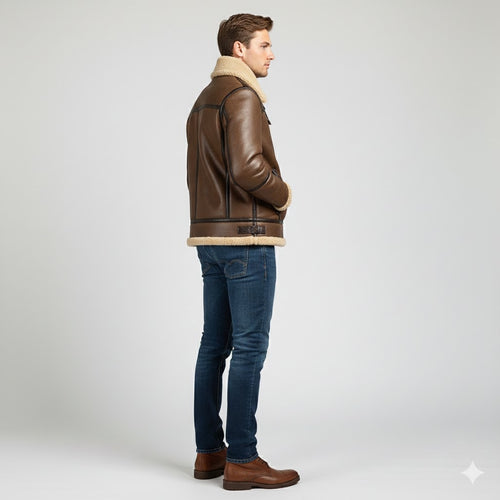 Brown PU Leather Jacket with Shearling Collar - Back
