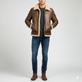 Brown PU Leather Jacket with Shearling Collar - Front
