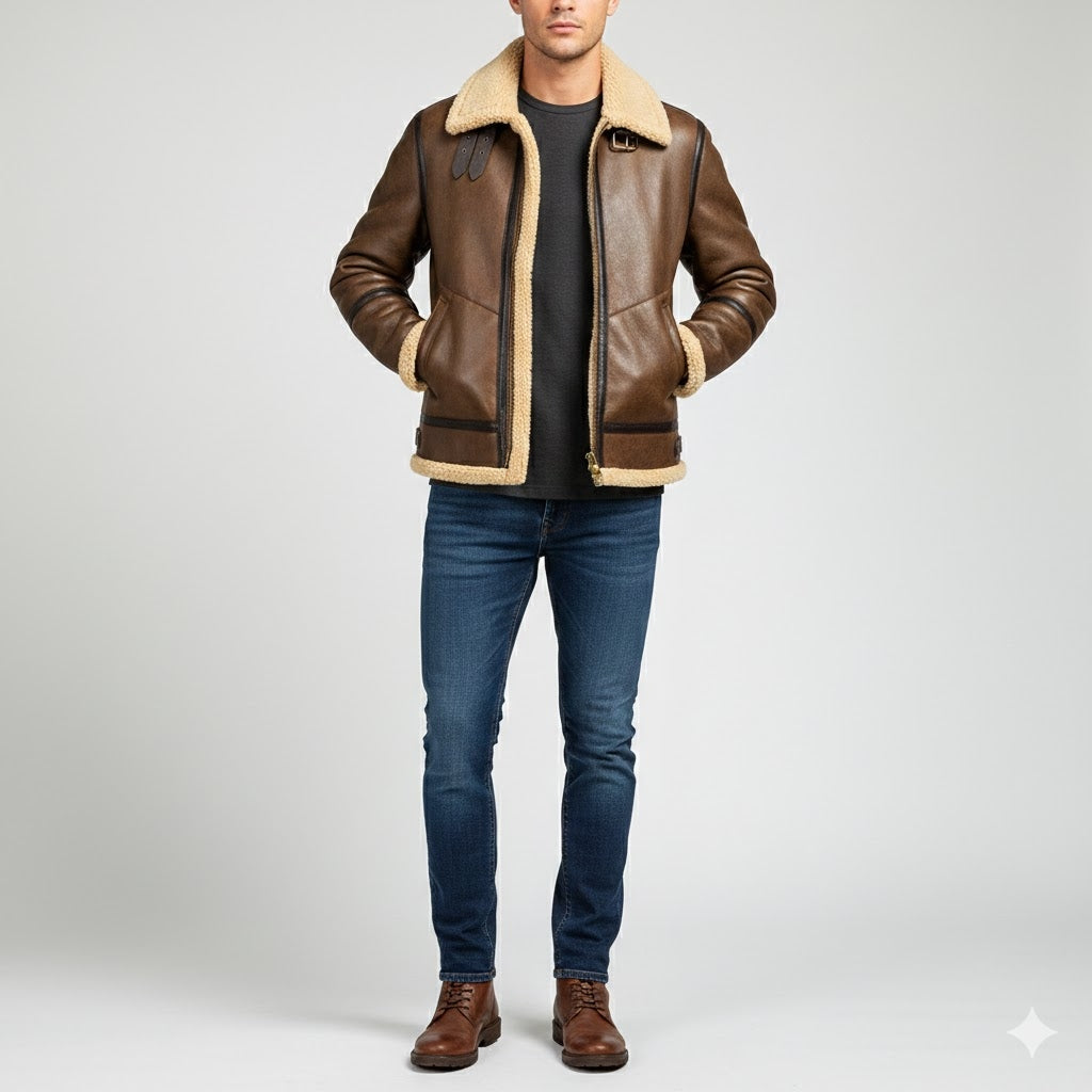 Brown PU Leather Jacket with Shearling Collar - Front