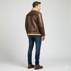 Brown PU Leather Jacket with Shearling Collar - Left