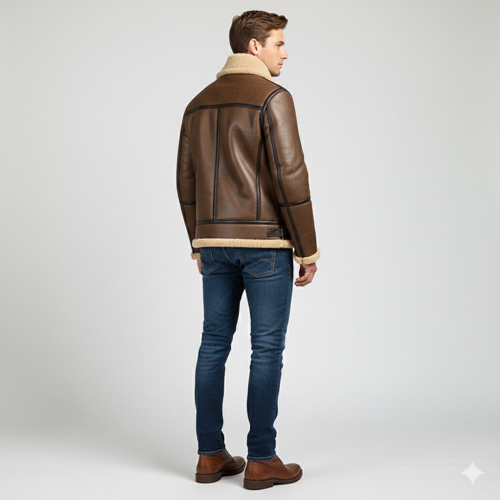 Brown PU Leather Jacket with Shearling Collar - Left