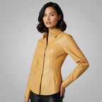 Women's Brown Smart Collar Leather Shirt - Front