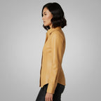 Women's Brown Smart Collar Leather Shirt - Back
