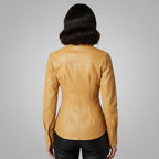 Women's Brown Smart Collar Leather Shirt - Left