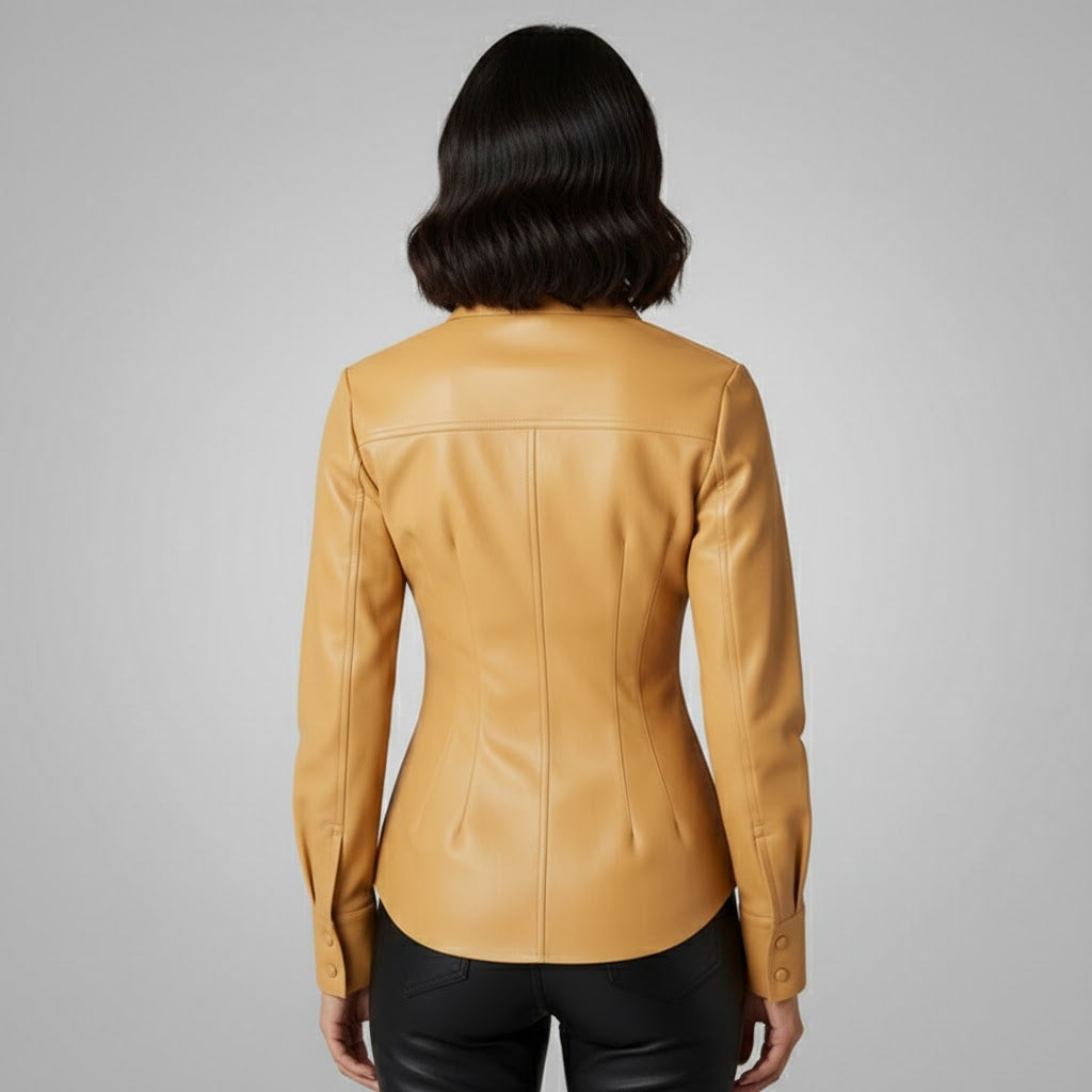 Women's Brown Smart Collar Leather Shirt - Left