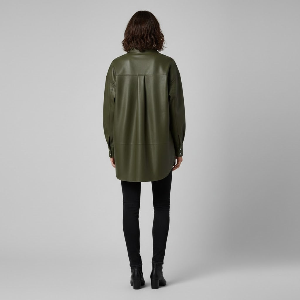 Women's Dark Green Leather Shirt - Left