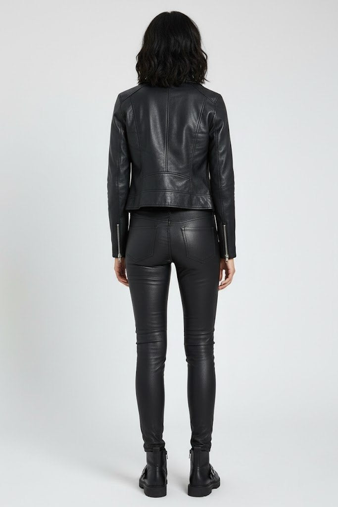 Women's Skinny Black Leather Pants With Zip - Left