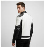 Men's Black and White Cafe Racer Leather Jacket - Left