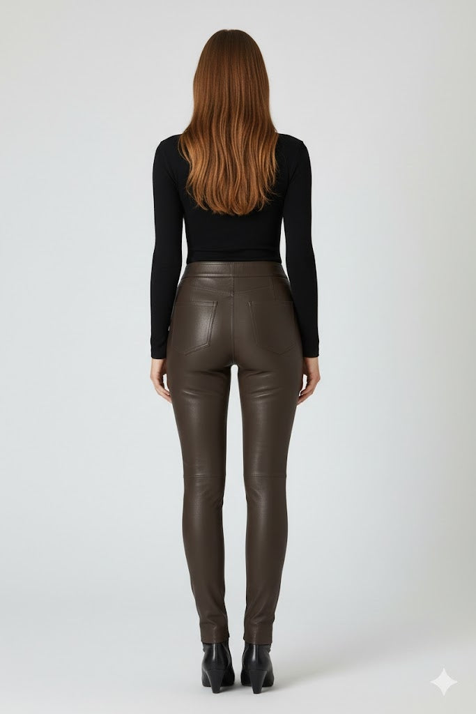 Women's Dark Brown Leather Pants - Left