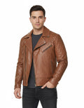Men's Tan Brown Biker Leather Jacket - Front