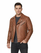 Men's Tan Brown Biker Leather Jacket - Front