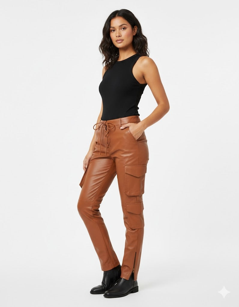 Women's Elastic Waist PU Leather Jogger Pants - Front