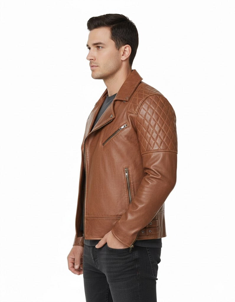 Men's Tan Brown Biker Leather Jacket - Back