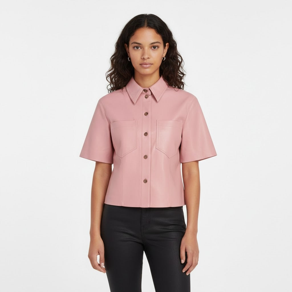 Women's Pink Leather Shirt - Front