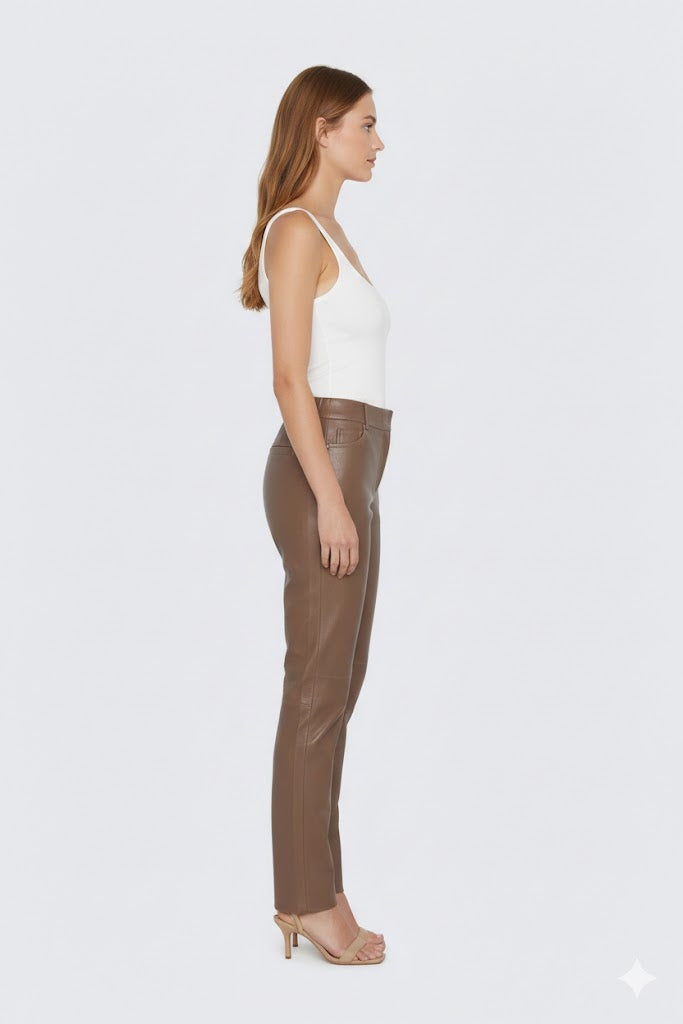 Women's Brown PU Leather Leggings - Back