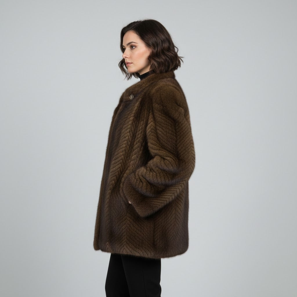 Women's Natural Long Hair Beaver Fur Coat - Left