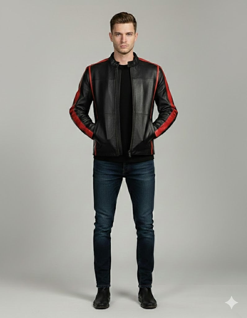 Men's Black Lambskin Cafe Racer Motorcycle Jacket - Back