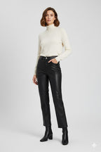Women's PU Leather Straight Leg Trousers - Front
