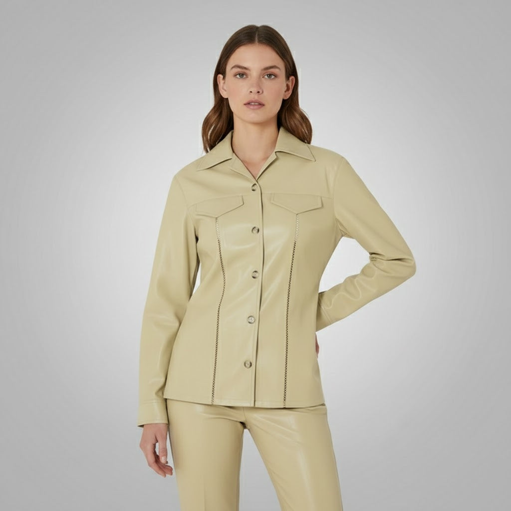 Women's Beige Leather Shirt - Back