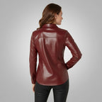 Women's Casual Maroon Leather Shirt - Left