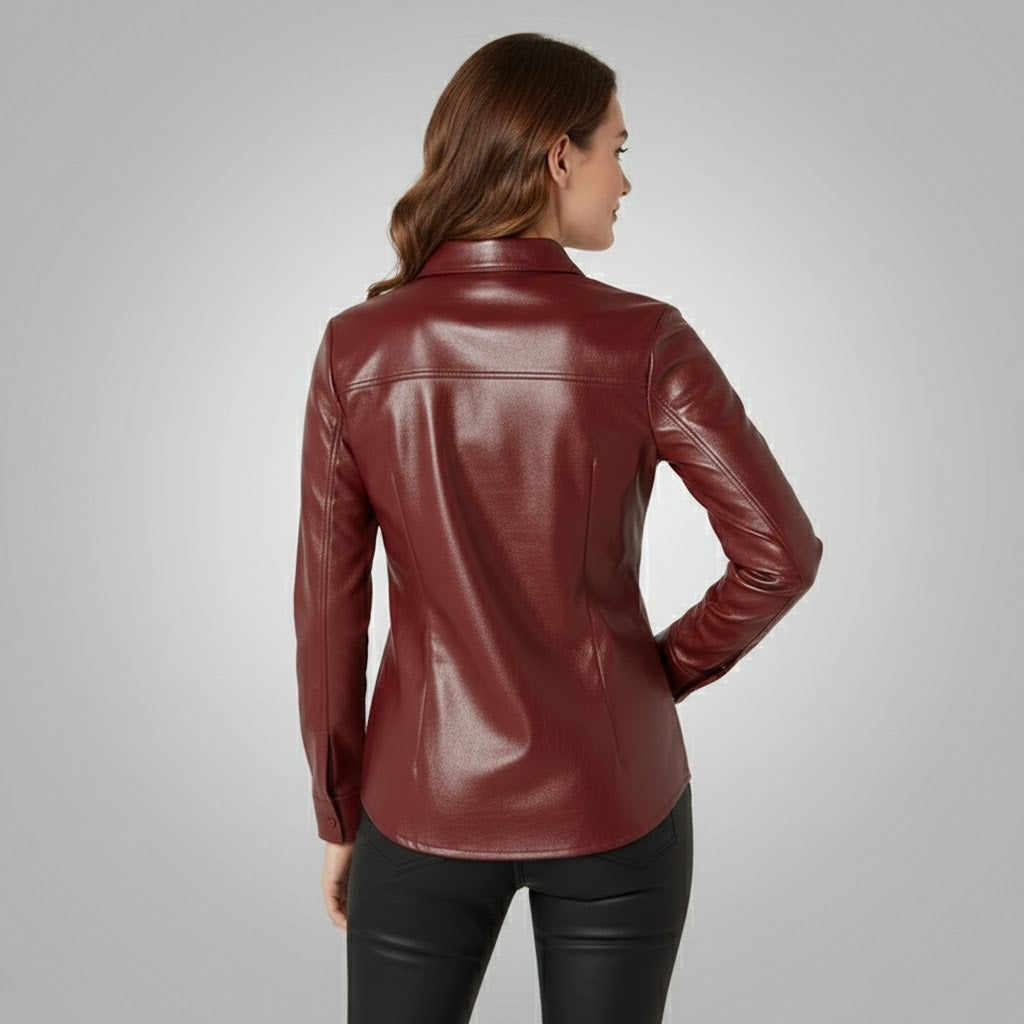 Women's Casual Maroon Leather Shirt - Left