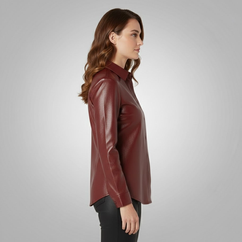 Women's Casual Maroon Leather Shirt - Back