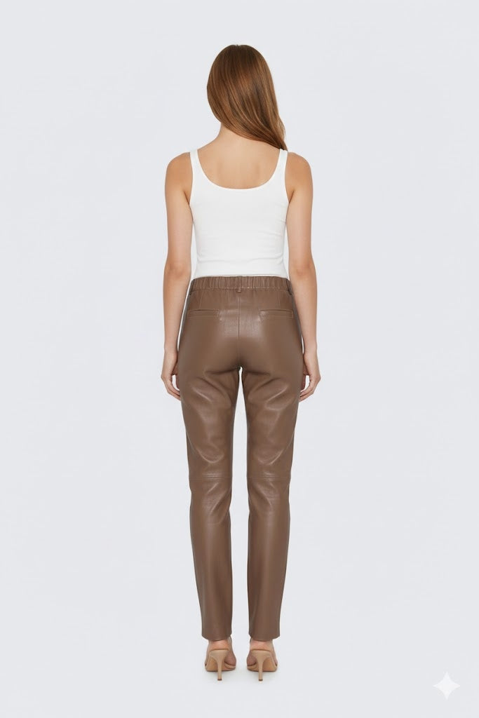 Women's Brown PU Leather Leggings - Left