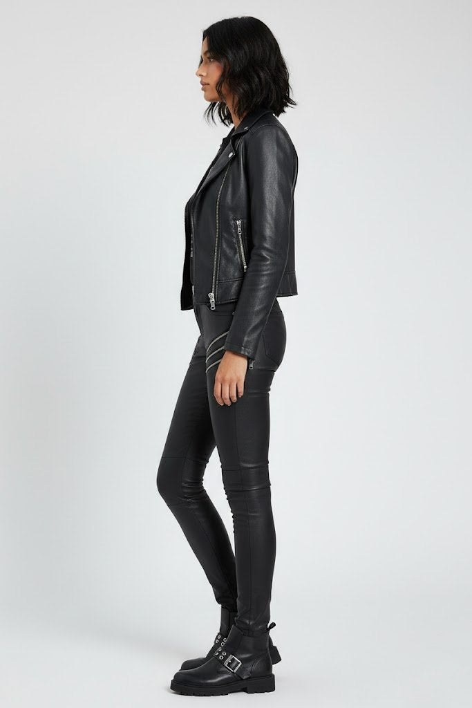 Women's Skinny Black Leather Pants With Zip - Back