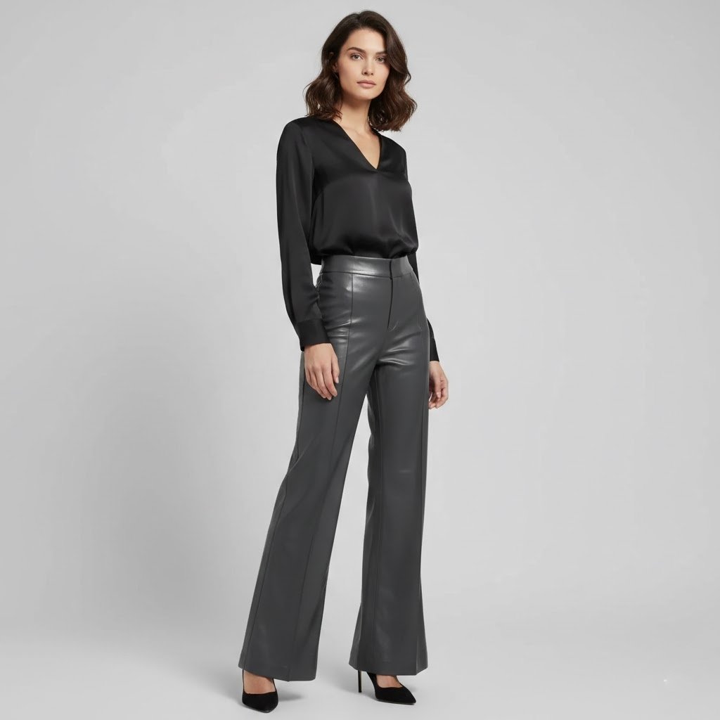 Women's Dark Grey Leather Pants - Front