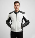 Men's Black and White Cafe Racer Leather Jacket - Front