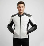 Men's Black and White Cafe Racer Leather Jacket - Front