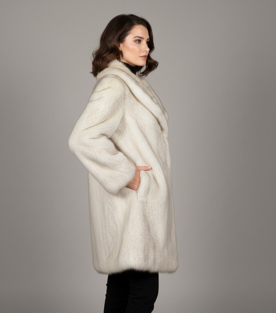 Women's White Mid Length Fur Coat - Left