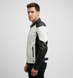 Men's Black and White Cafe Racer Leather Jacket - Back
