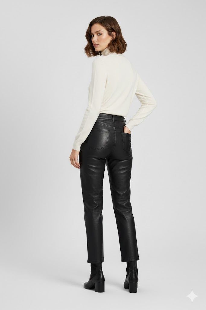 Women's PU Leather Straight Leg Trousers - Left