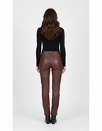 Women's High Rise Paper Bag Brown Leather Pants - Left