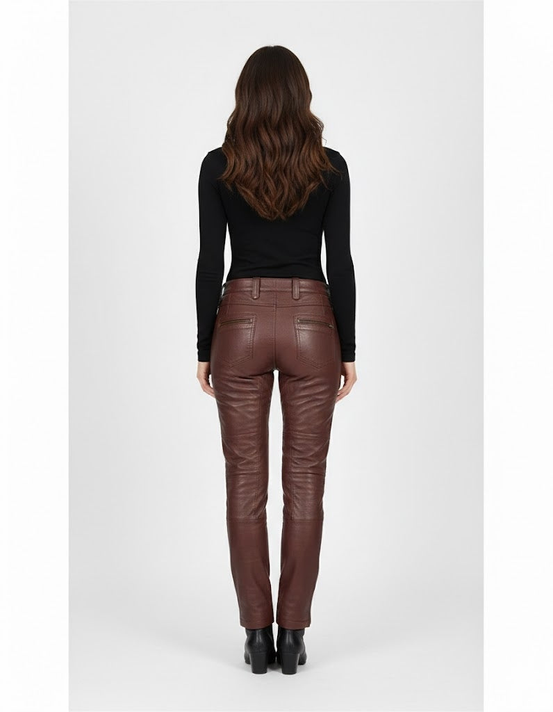 Women's High Rise Paper Bag Brown Leather Pants - Left
